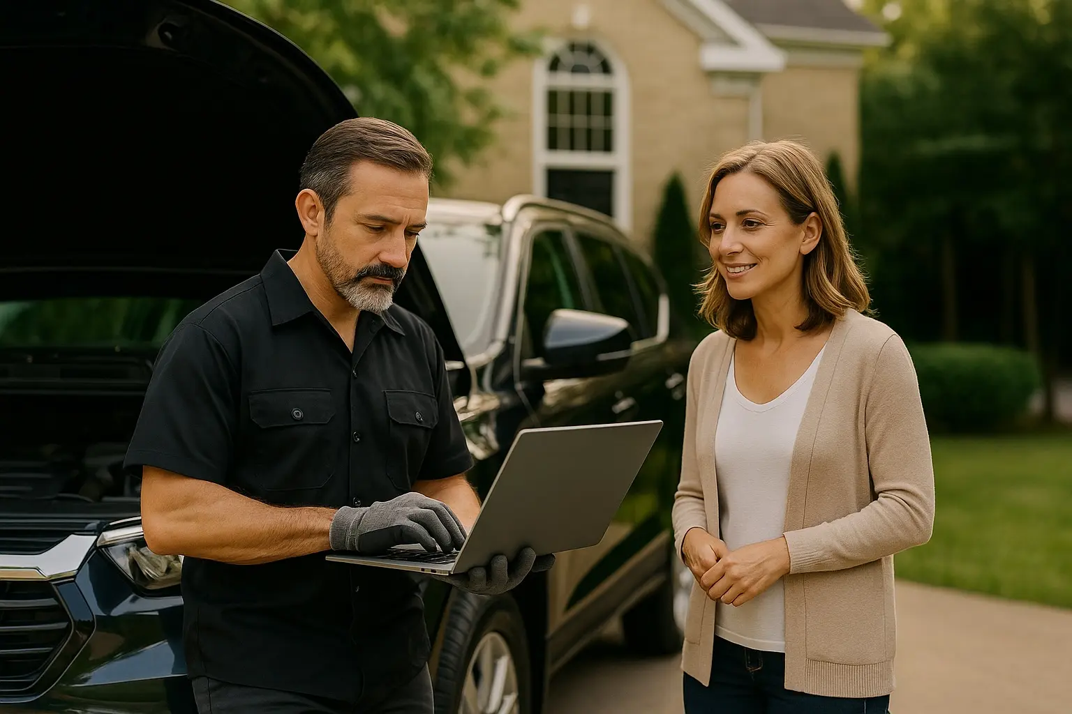 Professional mechanic inspecting car on-site