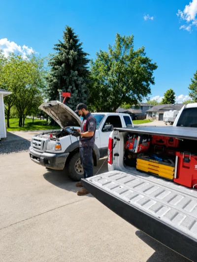 Certified mechanic with diagnostic tablet inspecting a Ford Ranger at a Kelowna residential location