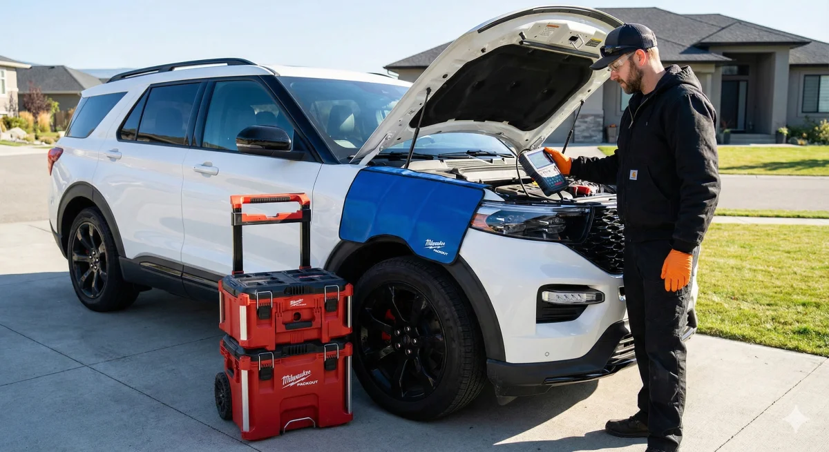 Certified mobile mechanic diagnosing a Ford Explorer in a Kelowna residential driveway — Protech Elite on-site service