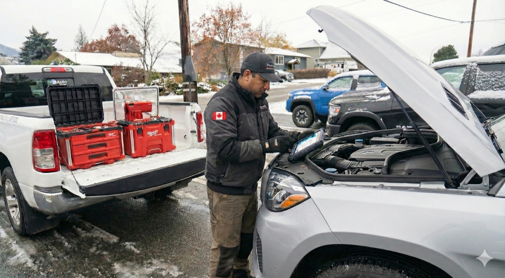 Expert mobile mechanic diagnosing a vehicle on-site in Kelowna with professional equipment