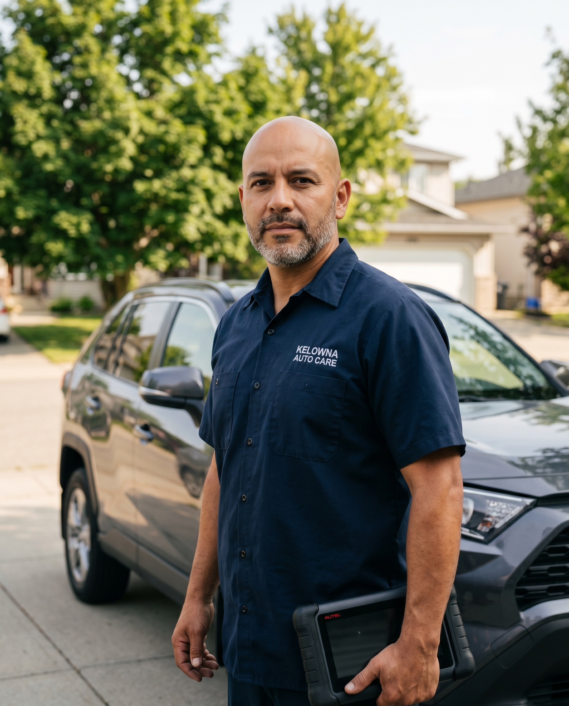 Joseph, Lead Mechanic and Service Manager at Kelowna Protech Elite Mobile Mechanic, beside a vehicle in a Kelowna driveway