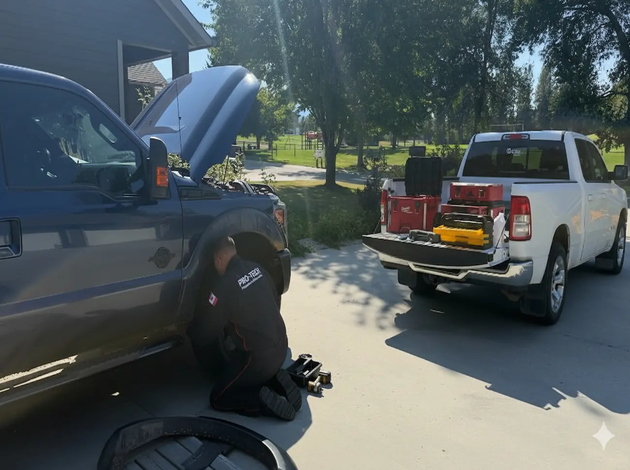 Professional mechanic inspecting car on-site