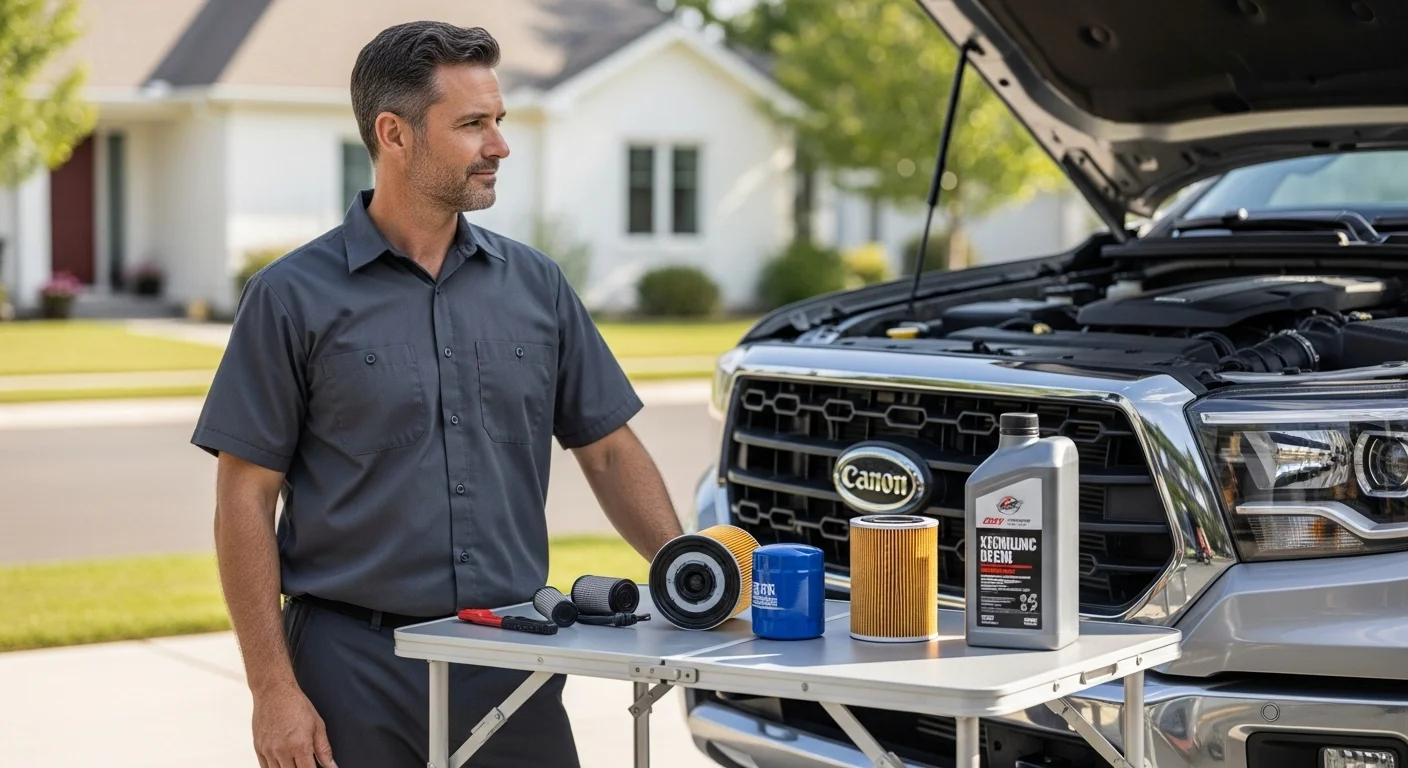 Premium filters and synthetic oil prepared for an on-site maintenance service.