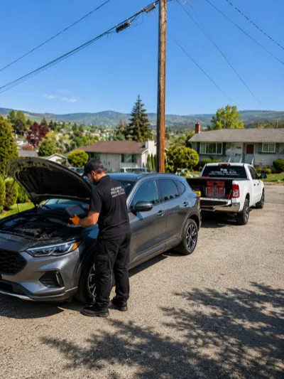 Certified mechanic performing a pre-purchase inspection on an SUV in a Kelowna driveway with mountain views