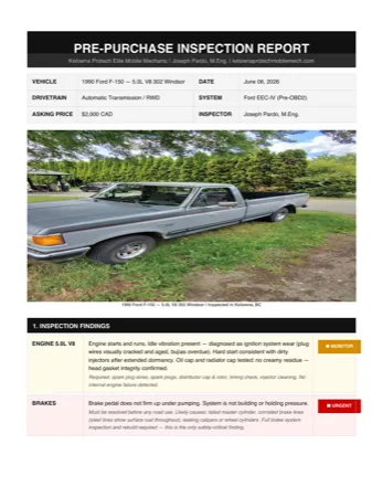 Sample pre-purchase inspection report page for a 1990 Ford F-150, showing engine and brake findings with urgency ratings