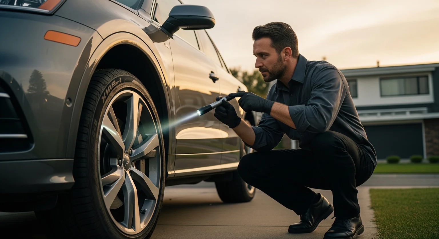 Mechanic inspecting a used car before purchase with a detailed checklist.