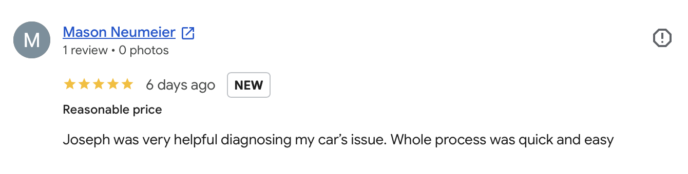 Original five-star Google review from Mason Neumeier describing KPEMM's quick and easy Dodge Challenger diagnostic at a reasonable price
